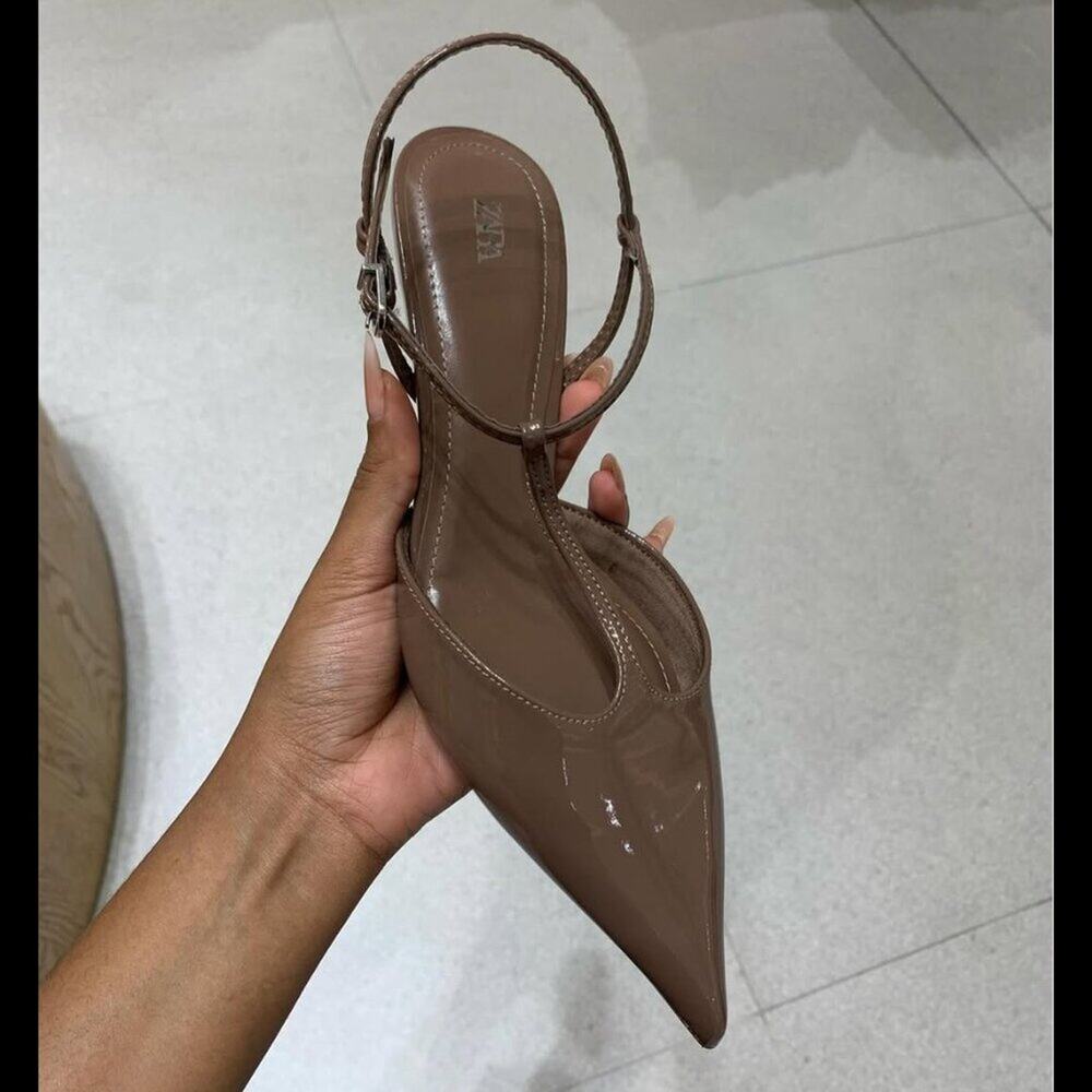 Zara NWT Brown Patent T Strap Slingback Pointed Toe Kitten Heels 9 10 - Picture 14 of 16